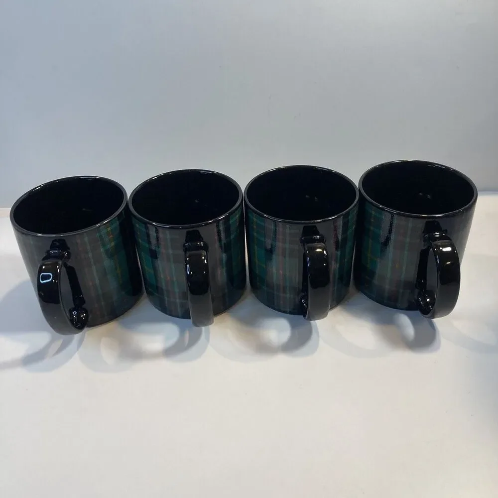 4 Pier 1 Mugs Tartan Plaid Green Black EUC Coffee Tea Mug Stoneware Japan 12oz